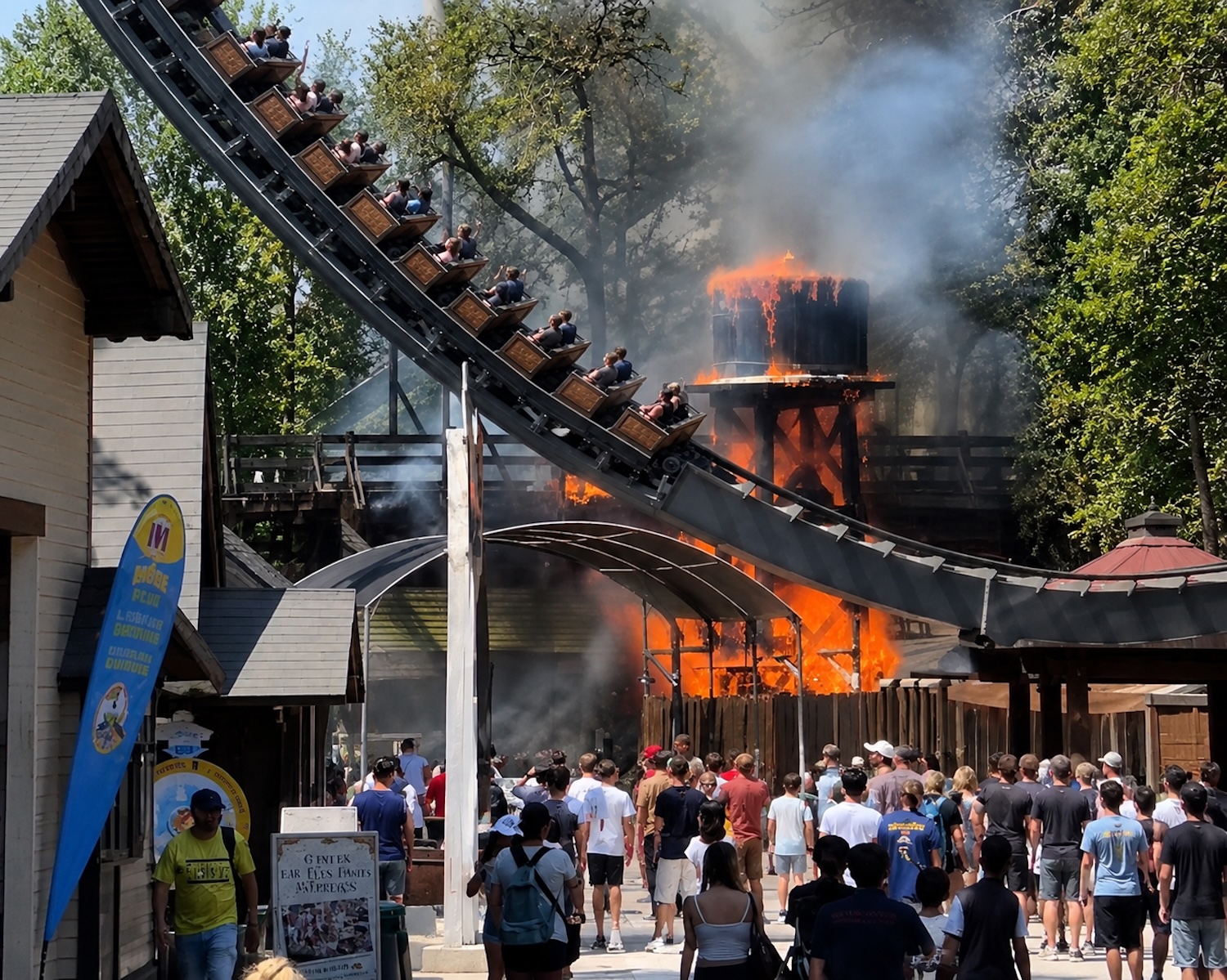 Schokkend moment: achtbaan staat in brand, treintje rijdt erlangs
